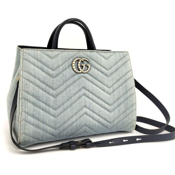 GUCCI Shoulder Bag GG Marmont Quilted Canvas Denim Blue - Picture 1 of 10